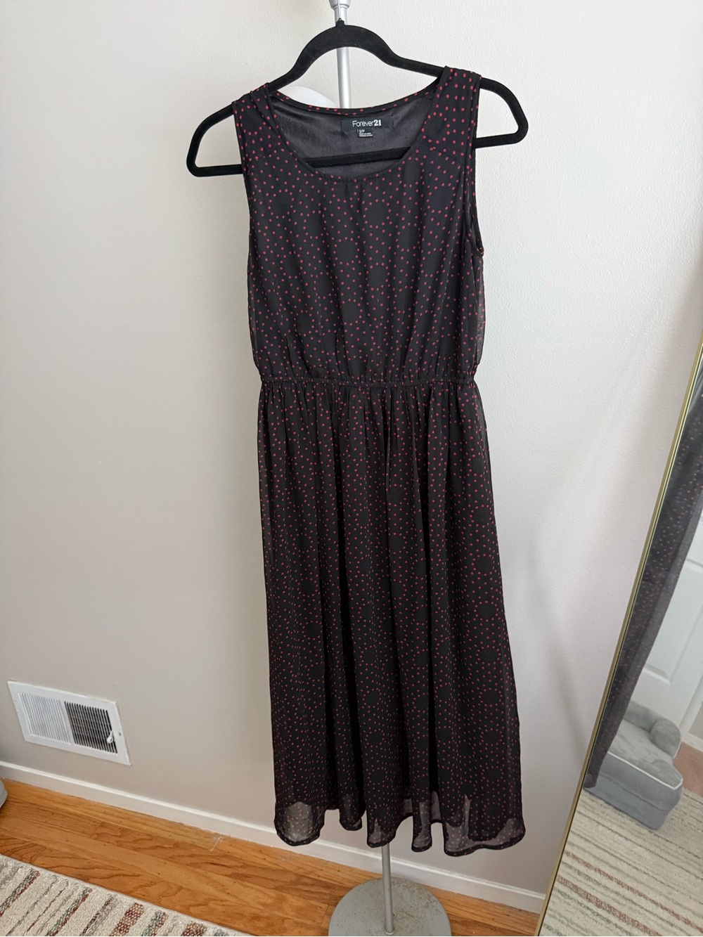 Forever 21 Black Midi Dress with Pink Dot Print